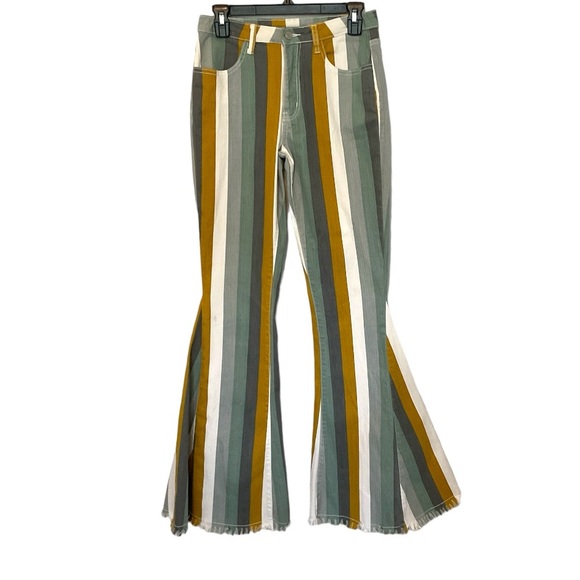 Saints & Heart Denim - Saints & Hearts Striped Raw Hem Bell Bottom Flare Jeans